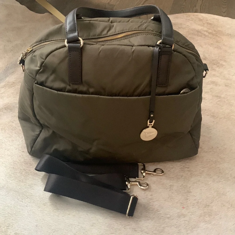 Lo & Sons Olive Green O.M.G. Laptop bag with gold hardware and tan interior. - Picture 1 of 5